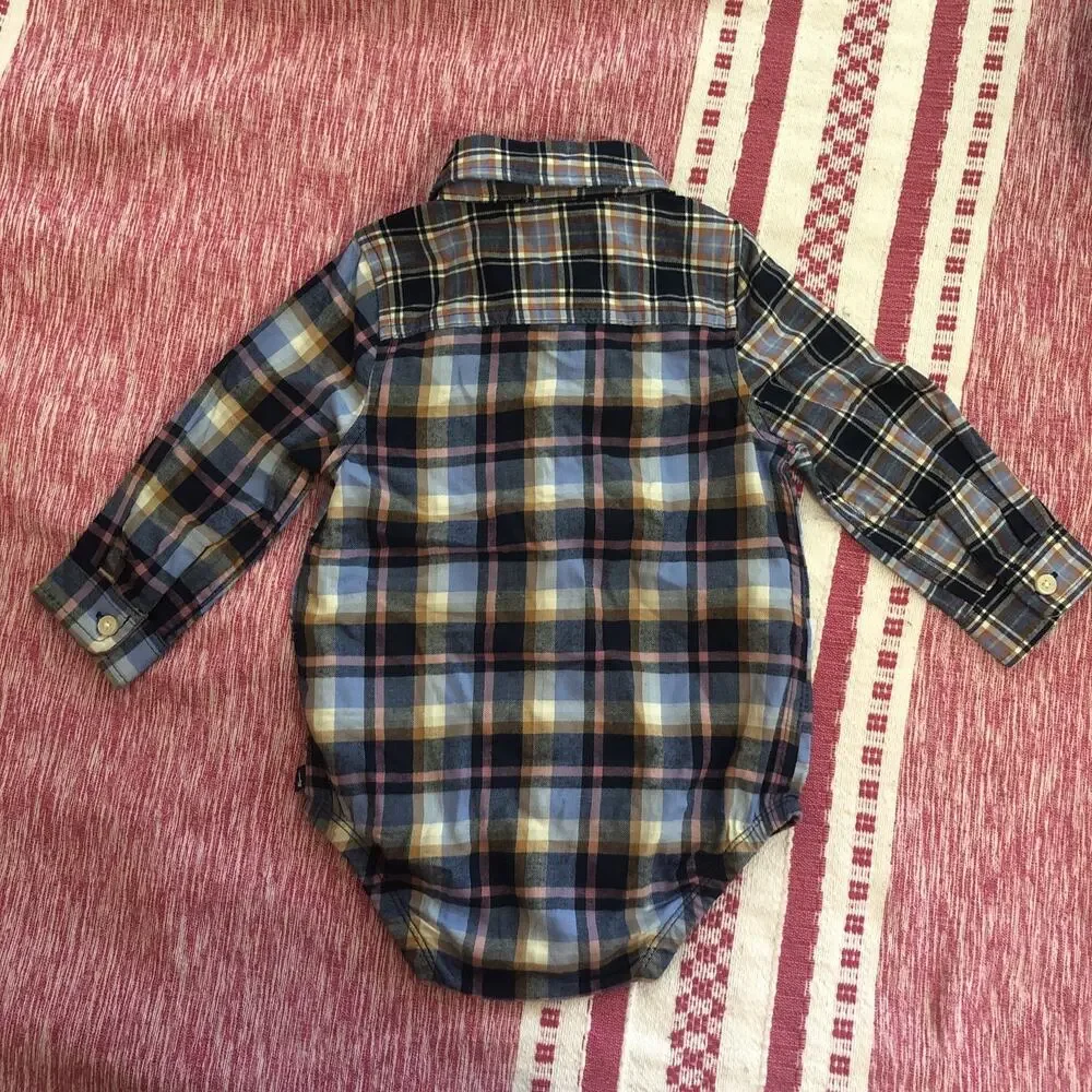 NWOT OshKosh Bgosh Baby Boys Blue Plaid Long Sleeve Button Down Bodysuit 18M